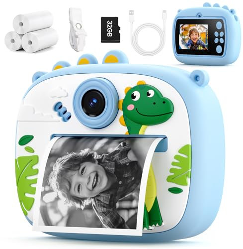 YOZISS Appareil Photo Instantané, 1080P Appareil Photo Enfant Instantanée, avec Lecteur de Cartes & 3 Papier Photo Cadeau pour Filles Garçons de 3 à 14 Ans(Dinosaure Bleu)