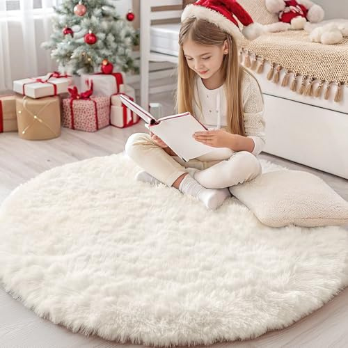 Homaxy Stor, fluffig, halkfri, maskintvättbar matta med hög lugg, för vardagsrum, sovrum, barnkammare, 200 cm, rund, krämfärg | Halkfri undersida mattor, fluffig matta för barnrum, sovrum