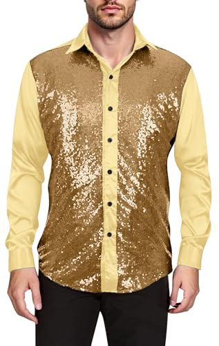 AIEOE Disco topp för män långärmad skjorta metallisk skjorta glittrande glänsande paljett nattklubb button down festtopp, Guld, 3XL