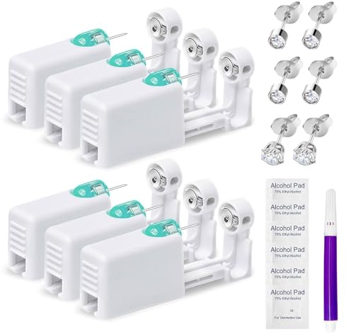 kclkda 6 pcs Disposable Ear Piercing Kit with 6 Alcohol Wipe＆Mark Pen, Aseptic Self Ear Piercing Gun with 6 CZ Silver Stud, Safety Painless Ear Piercing Gun Kit Tool for Girls, Teenagers, Women, Men