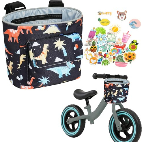 flintronic Cesta de Manillar para Niños, Bolsa de Bicicleta, Cestas Accesorio con Correa de Hombro, para Organizar, Scooter, Triciclo (Dinosaurio Azul Oscuro)