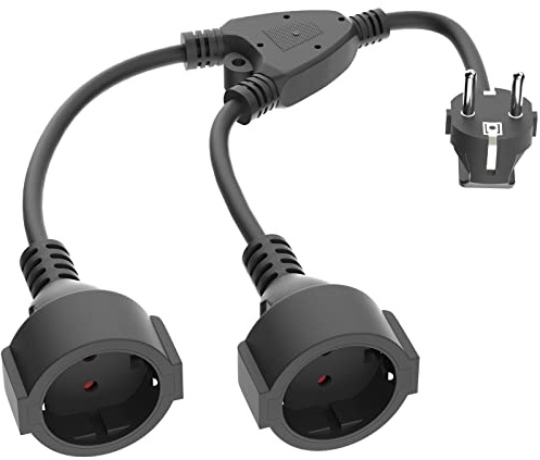 Doppelstecker für Steckdose Außen IP20 | 2 Fach AC Schuko Steckdose mit Winkelstecker & Klappdeckel | 16A 250V 3680W | Kabel Y Verteiler für Innen/Außen, Schwarz