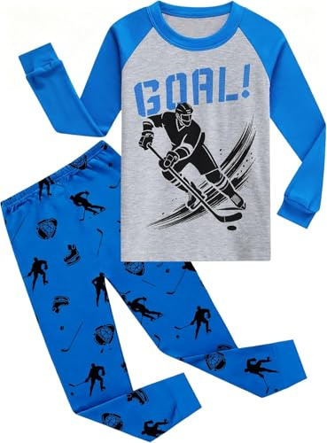 EULLA Kinder Jungen Schlafanzug Langarm Baumwolle Winter Pyjama Set Eishockey Spieler Zweiteiliger Nachtwäsche 7 Jahre alt Größe 122 P-Blau Eishockey Spieler DE 122