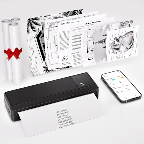 vretti P83 Mobiler Drucker A4, Tragbarer Thermodrucker A4 für Unterwegs mit 3 Rollen Papier, Bluetooth-Verbindung für Smartphones, Kompatibel mit Android/iOS, Reisedrucker für Hause, Lernen, Schwarz