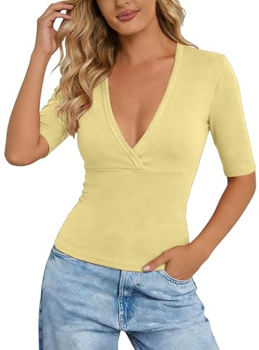 Generisch Maglietta avvolgente da donna a mezza manica profonda scollo a V attillato, taglio elastico, aderente, senza pancia, estiva, casual, basic top, giallo., M
