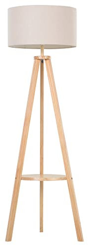 HOMCOM Lámpara de Pie Trípode con Estante Lámpara de Pie Salón con Pantalla de Lino Interruptor de Pie para Sala de Estar Oficina Dormitorio Beige y Natural