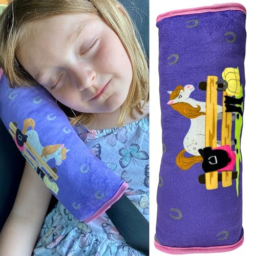 HECKBO Auto Schlafkissen für Kinder Mädchen Jungen - Pferd Bauernhof - maschinenwaschbar – kuschelweich - Auto Gurtkissen, Gurtschoner, Gurtschutz Sitzerhöhung, Auto Kissen, Reisekissen, Urlaub
