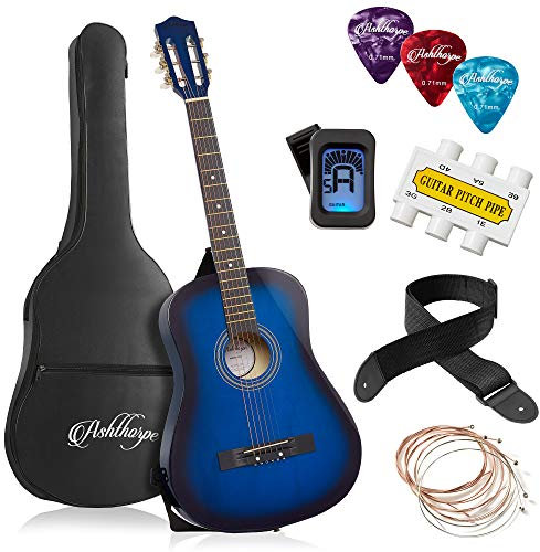 Ashthorpe 38-inch Beginner Acoustic Guitar (Blue), Starter Kit with Gig Bag, Extra Strings, Strap, Picks, and Lessons