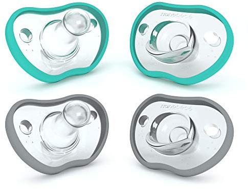 Nanobebe Baby-Schnuller, 0-3 Monate, kiefergerecht, Kurven bequem mit Gesichtskontur, preisgekrönt für stillende Babys, 100 % Silikon, BPA-frei, 4 Stück, blaugrün/grau