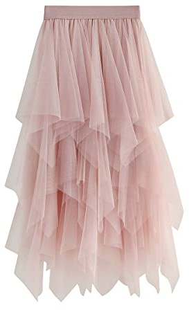 Kukeyiee Falda de Las Mujeres Tul Tutu Irregular Bajo la Falda en Capas Falda Ballet Prom Party Vestido Plisado A-Line Midi Falda Rosa Talla única