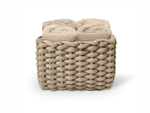 Daunex - Set 4 Lavette 30x30 - Mini Asciugamano Ospite in Spugna di Cotone - Confezionato in splendida Confezione in Tessuto Intrecciato - Tortora