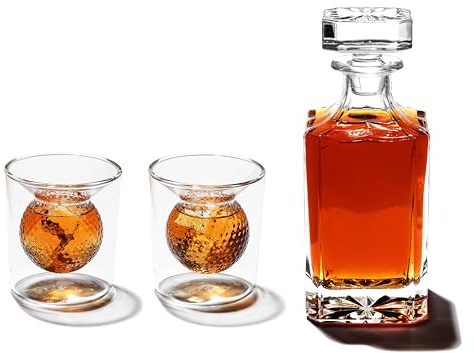 Golf whisky presentset | kristalldecenter med 2 dubbla väggar kristallklara glasögon | Perfekt golf-presentset | 700 ml karaff med två 1,5 dl whiskykoppar med golftema
