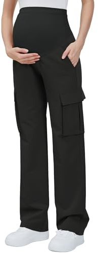 GLAMIX Women's Maternity Cargo Pants with Four Pockets Over The Belly Scrub Pants Pregnancy Clothes(Black, L)