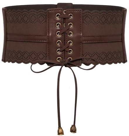 SCARLET DARKNESS Damen Retro Gürtel Kunstleder Elastische Lace-up Hollow Out Breiter Waspie Taillengürtel Kaffee XXL