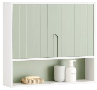 SoBuy Hängeschrank für Badezimmer und Küche Wandmontierter Badschrank Hängend, Weiß, 60 x 15 x 54 cm, Verstellbare Regale, Badezimmer Hängeschrank mit Türen, Praktischer Wandschrank BZR140-GR