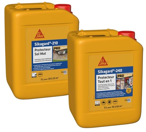 Sika Sikagard 240 Protecteur Tout en 1, Protection hydrofuge façade, mur, toiture et sol, 5L & Sikagard 210 Protecteur Sol Mat, Hydrofuge, Imperméabilisant effet mat pour sols, 5L, Incolore
