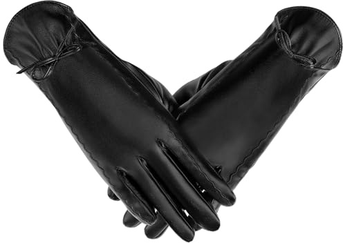 Winterhandschuhe aus Leder für Damen, Touchscreen-Handschuhe, warmes Fleece gefüttert, Damenhandschuhe für kaltes Wetter, B-schwarz, Large