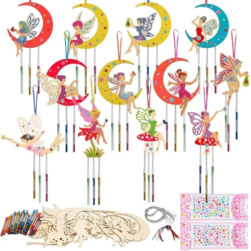 TYXHXTF Kits Bricolage 12Pcs Carillon à Vent en Bois, Décoration Suspendue DIY, Kit Elfe Créatifs pour Enfants, Manuelle Anniversaire pour Enfants Loisirs Créatifs Cadeau Anniversaire Fête(Fée)