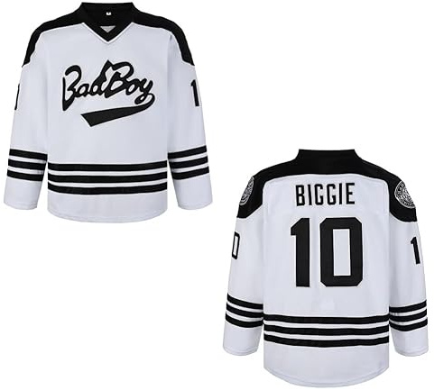 Camiseta de hockey para hombre #10 Smalls Bad Boy 90S, hip hop, manga larga, color negro y blanco, Blanco, XX-Large