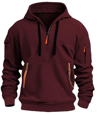 Jamron Homme Grande Taille Sweat à Capuche à Demi Zippé Veste de Sport Décontractée avec Multi Poches SN0708243 Bourgogne 5XL