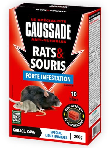 CAUSSADE Anti Rats & Souris - Efficacité Radicale - Lieux très humides – 40 Appâts Blocs Fluorescents - Prêt à l'emploi - Une Ingestion Suffit - 800g CARSBL200X4