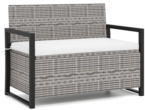 COSTWAY 2 en 1 Banc Coffre Exterieur en Rotin PE, Banc de Jardin avec Coussin pour 2 Personnes, Coffre de Rangement 150 L, Doublure Protectrice, pour Jardin Balcon, Charge 360 kg, 117 × 62 × 85 cm