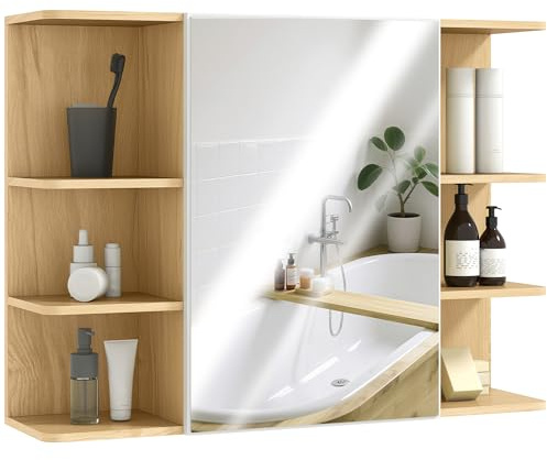 HOMCOM Bathroom Mirror Cabinet Wall Mounted, Modern Bathroom Cabinet with Mirror and Open Storage Shelves, 80 x 20 x 59 cm, Natural Wood Finish