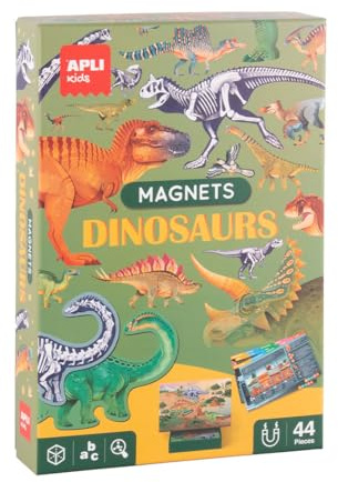 APLI Kids 20139 - Jeu magnétiques Dinosaures, 44 aimants éducatifs + scène aimantée et fiches explicatives, Apprentissage de l'histoire des Dinosaures dès 5 Ans de manière Interactive