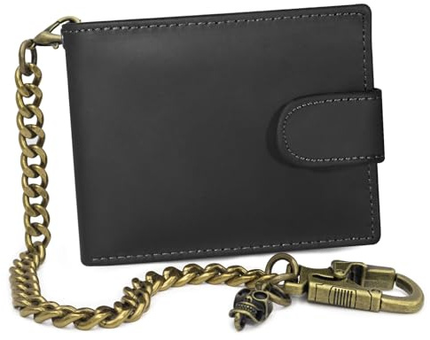 Ahiller Bifold Chain Wallet for Men, Biker Crazy Horse Leather Wallet with Chain, Detachable Double-Lock Carabiner Clip Key Chains Classic Wallets for Mens & Teen Boys-Black