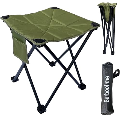 Portable folding camping stool, cotton lining, 17*17*18 inches, soft outdoor seat with side pockets, extra-large footstool, suitable for fishing, picnics, beach barbecues, hiking(olive green）