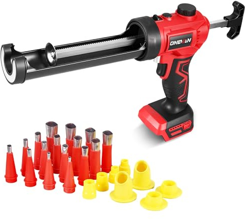 ONEVAN Pistola per Silicone Elettrica a Batteria, Pistola per Cartucce 300ml con Controllo di Velocità Variabile & Luce LED, Kit con 24 Ugelli, per Sigillature, Stucchi (Senza Batterie)