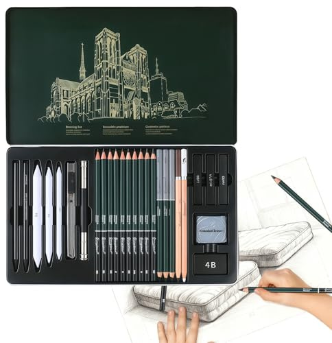 WIYETY Ensemble de 27 crayons à dessin ensemblede à dessin, ensemble de crayons à croquis avec crayonsgraphite, rallonge decrayons à fusain pour dessins débutants, artistes, adultes, amat