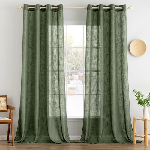 MIULEE Juego de Cortinas de Lino Translúcido de Dos Piezas con Ojales Cortinas Modernas para Dos Puertas de Balcón Cortinas para Salón Dormitorio 215x140cm (HxL) Verde Oliva