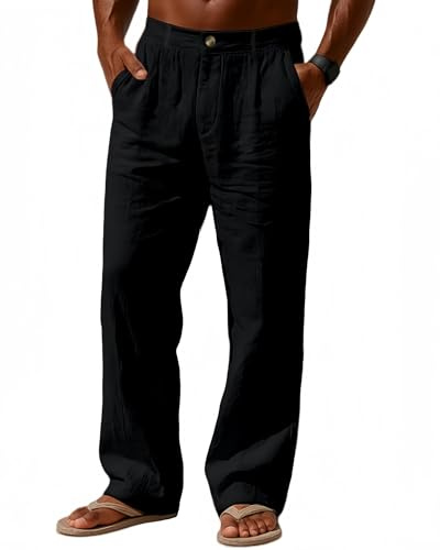 Casuayaloo Men's Linen Trousers Lightweight Summer Beach Pants Loose Fit Elastic Waist Zipper Trouser Black M