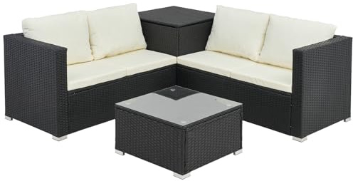 Warmiehomy 4 Seater Garden Furniture Set with Cushions, L-Shaped Rattan Corner Sofa Set with Storage Box & Glass Coffee Table, Metal Frame Outdoor Furniture Set for Patio Conservatory (Black & White)