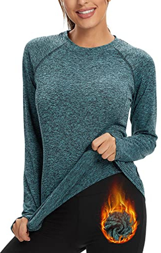 Soneven T-Shirt Thermique à Manches Longues pour Femme - Pull Fonctionnel pour l'hiver - en Polaire - Manches Longues - Haut Base Layer de Sport Top de Course Fitness Vert S