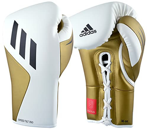 adidas Tilt 350 Pro with Lace Closure - with New Tilt Technology - for Men, Women, Unisex - Sustainable Vegan Leather Boxing. Kickboxing, MMA Training Gloves - (Met White/Gold, 16oz)