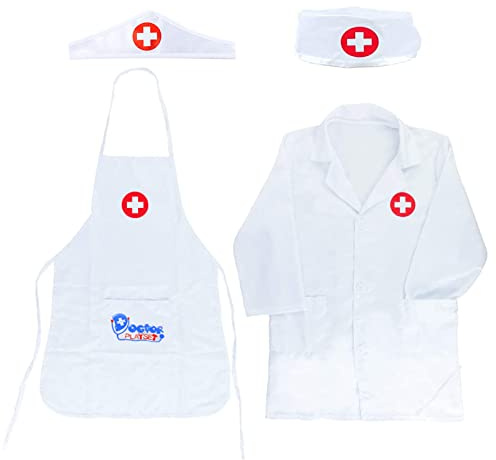 NITAIUN 4 stycken läkarrockar barn läkarkostym läkarrock laboratoriekappa sjuksköterska förkläde mössa doktor tillbehör flickor pojkar barn leksaker gåvor från 3 år