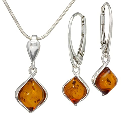 LIGURIUS Halskette und Ohrringe aus echtem baltischem Bernstein aus 925er Sterlingsilber im Set mit Cognac Edelstein für Damen und Silber, verstellbare Kette, Schlange, 45—50 cm, Geschenkset