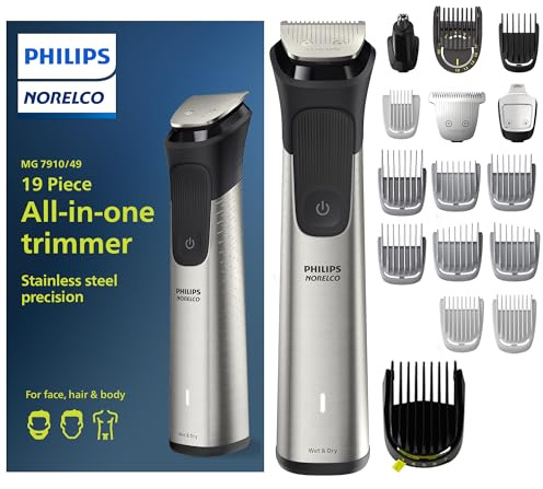Norelco Philips Multigroom 7000 Series, All-in-One Trimmer, Beard Trimmer and Hair Clipper, 19-Piece Men's Grooming Kit for Beard, Head, Hair, Body, and Face, Soft Pouch, MG7910/49