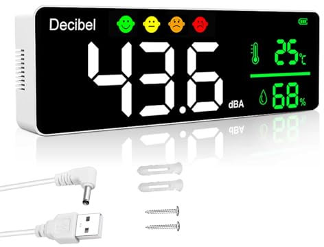 Medidor de Decibelios Medidor de Nivel de Sonido de Pared 30-130dB Decibelímetros Medidor de Ruido con Alarma, Medidor de Ruido/Temperatura/Humedad con Pantalla Grande LCD de 11 Pulgadas para Casa