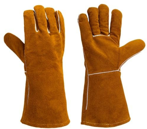 RITOPGO Gants de cheminée ignifuges, gants de barbecue pour homme en cuir et gants de soudeur résistants à la chaleur (marron)