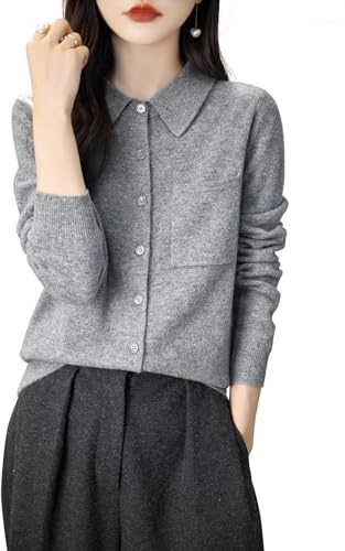 Chanyarn Women's Polo Neck 100% Merino Wool Sweater 2025 Spring Basic Long Sleeve Knitted Cardigan Sweater with Pocket (Grey,M)