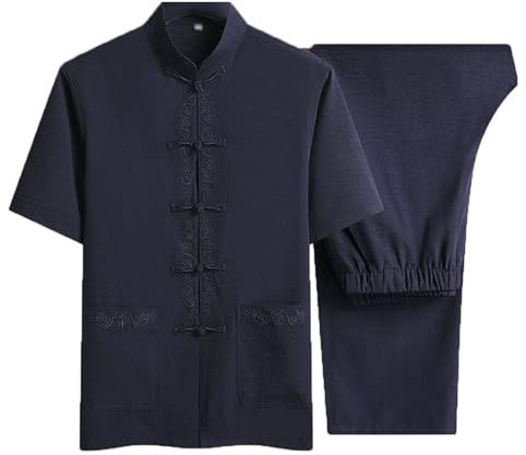 PTATT Tang Anzug Männer Morgentübung Uniform chinesische traditionelle Kleidung Kung Fu Hemd Uniform Kurzarmhemd Tops und Hosen blue-L