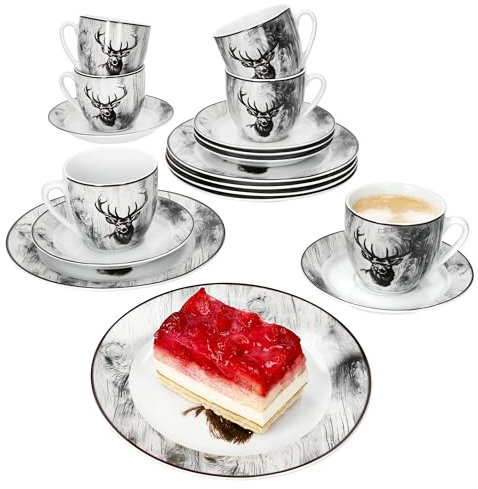 MamboCat Alois 18tlg Kaffeeservice I weißes Porzellan-Geschirr mit Hirsch-Dekor für 6 Personen I Je 6x Tassen 200ml, Untertassen & Teller für Frühstück & Kaffee