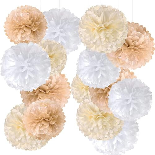 Seidenpapier Pompons Deko, 18 Stück Party Dekoration Pompons Beige Khaki Weiß Pompons Deko für Hochzeit, Tischdeko Geburtstag, Babyparty Deko Abschlussball Festival Weihnachten
