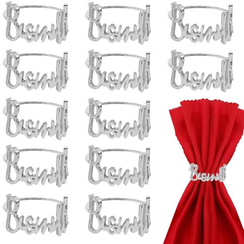 12 Stück Serviettenschnallen Set, Ramadan Letter Metall Serviettenschnallen Tischdekoration Set, Ramadan Serviette Ringe Deko für Hochzeiten, Bankett, Party (Silber, L)