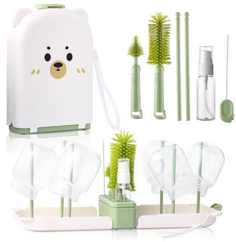 Hranio Baby Bottle Brushes for Cleaning Baby Bottle Cleaner Brush Travel Steriliser for Baby Travel Essentials with Silicone Bottle/Nipple/Straw Brush Soap Dispenser Drying Rack for Baby Travel