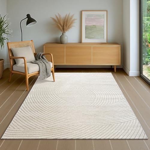 the carpet Everest – Tappeto moderno a pelo corto per soggiorno e camera, con effetto alto-basso 3D, alta densità e tatto morbido, motivo a linee, colore crema, Crema, 160 x 230 cm