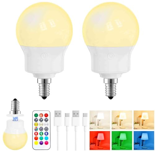 Uppladdningsbar LED-Glödlampa E14 med Fjärrkontroll, Dimbar Magnetisk Batteridriven Lampa 480LM, 3 Färgtemperaturer + 9 RGB Färger, 3 Timers, För Lampor utan El, Camping & Nödbelysning 2 PACK